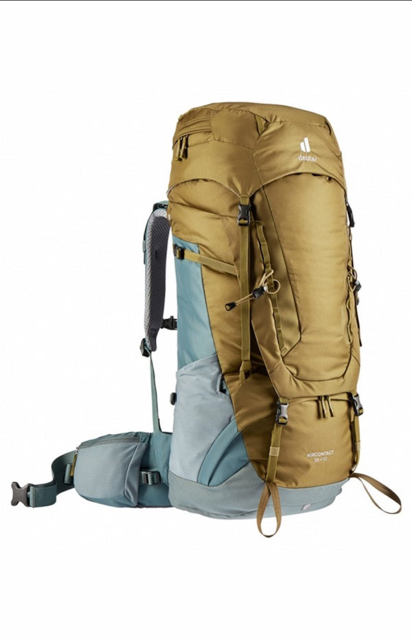 Hiking backpack with brown and gray compartments on a white background