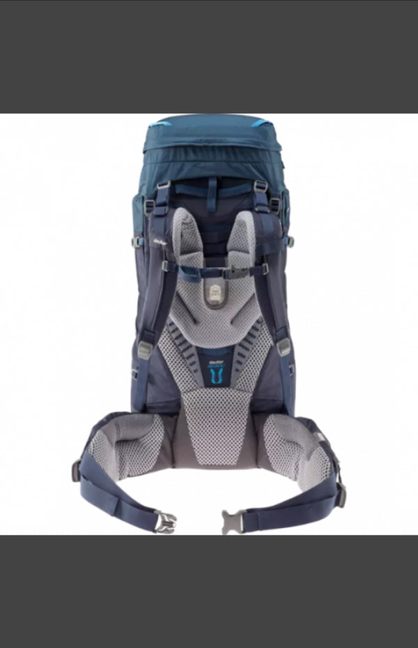 Back view of a blue and gray backpack with straps on a white background