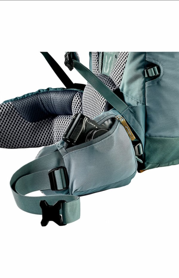 Close-up of a baby carrier with straps and padding on a white background