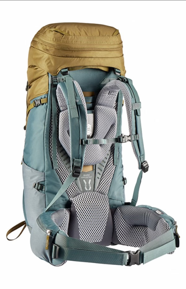 Hiking backpack with a tan top compartment on a white background