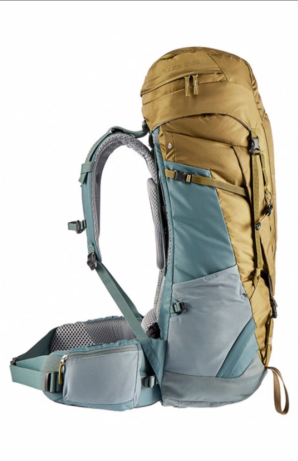 Hiking backpack with brown and gray color scheme on a white background
