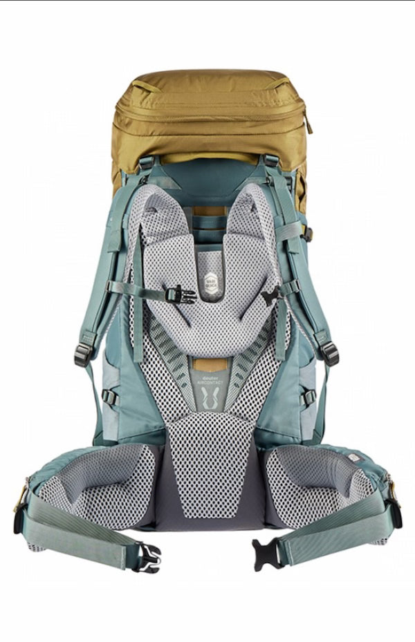 Hiking backpack with a brown top section on a white background