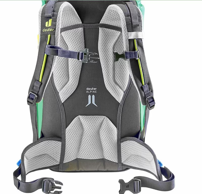 Gray hiking backpack with mesh back panel on a white background