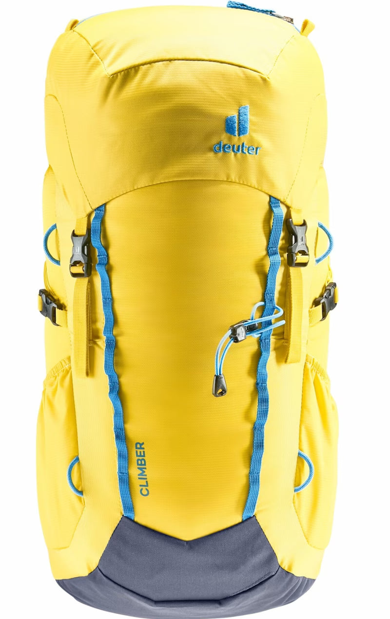 Yellow backpack with blue accents on a white background