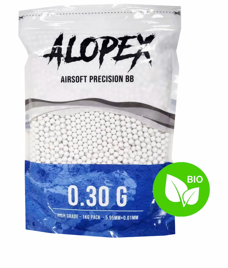 A bag of ALOPEX Airsoft Precision BBs, 0.30g, featuring white plastic airsoft pellets visible through a clear window on the front.