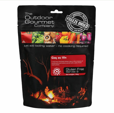 Packaging of Coq au Vin from The Outdoor Gourmet Company with a campfire scene on a white background.
