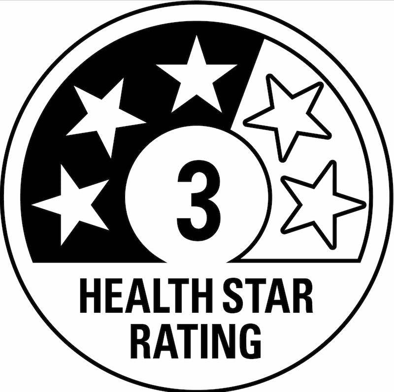 Four white stars inside a black circle with the number 3 and 'HEALTH STAR RATING' text below.
