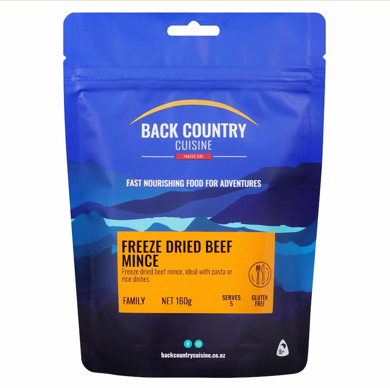 Back Country Cuisine freeze dried beef mince package with blue and orange design.