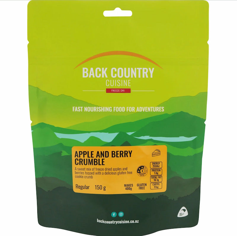 Back Country Cuisine Apple and Berry Crumble package with green and yellow design.