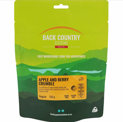 Back Country Cuisine Apple and Berry Crumble package with green and yellow design.