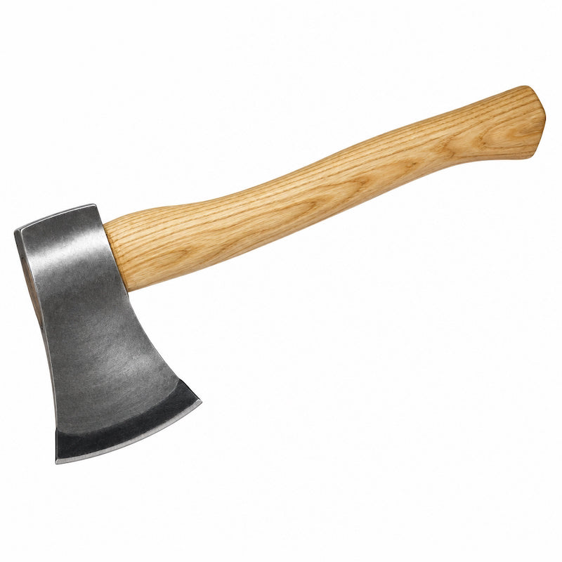 A hand axe with a polished steel head and a light-colored natural wood handle, shown on a plain white background.