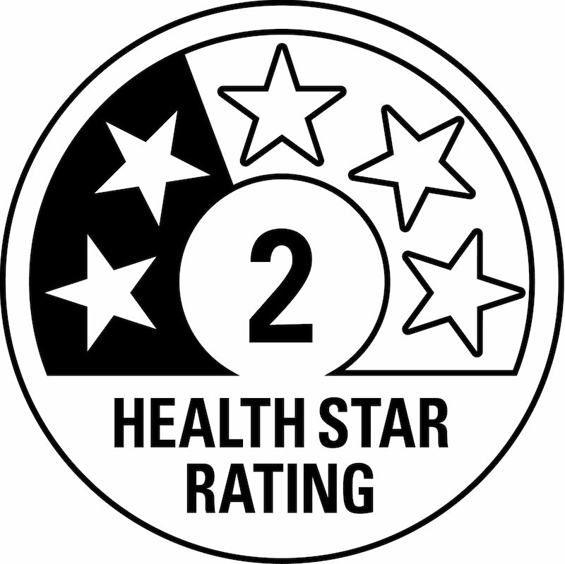 Two-star health star rating emblem with stars and number '2' on a white background