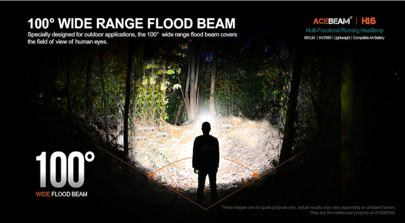 Acebeam H15 flashlight with wide flood beam in a dark forest setting