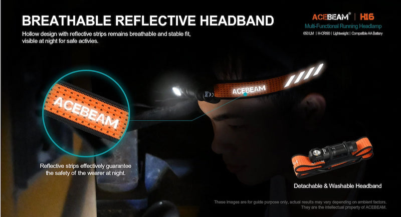 Acebeam reflective headband with text highlighting features on a dark background