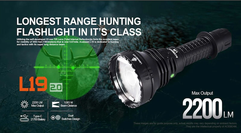 Hunting flashlight with specifications on a dark background