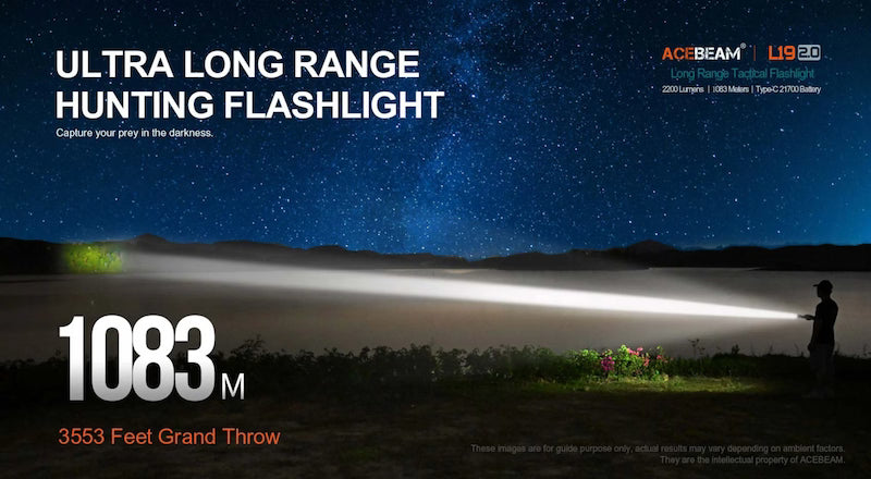 Hunting flashlight advertisement with a person holding a flashlight and a starry night sky.