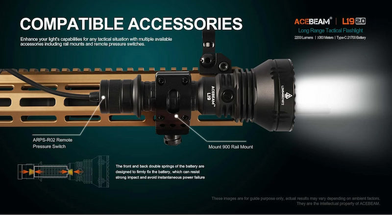 Acebeam L19 ED tactical flashlight with compatible accessories on a dark background