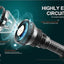 Focusing flashlight with circuit design illustration on a dark background