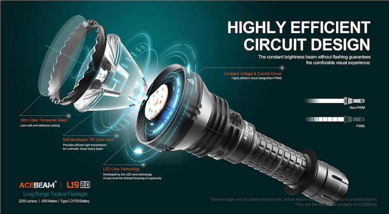 Focusing flashlight with circuit design illustration on a dark background