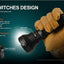 Tactical flashlight with dual switches design held in a gloved hand, featuring ACE BEAM branding.