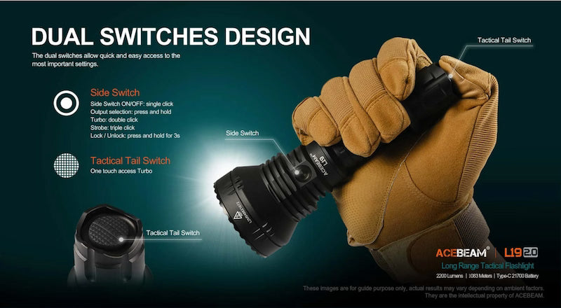 Tactical flashlight with dual switches design held in a gloved hand, featuring ACE BEAM branding.
