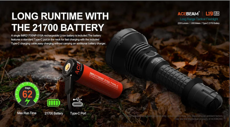 Acebeam flashlight with 21700 battery on a forest floor background