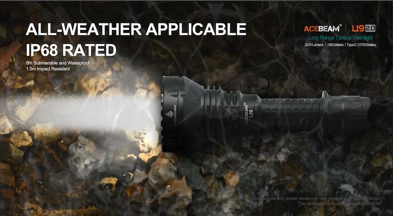 Acebeam L19RZD flashlight with water spray on a rugged background, highlighting IP68 rating.