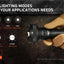 Flashlight held in a gloved hand with lighting mode options displayed on a dark background
