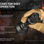 Hand wearing a tan glove holding a flashlight with switch instructions on a dark background
