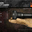 Compact flashlight held in a hand with glove, features and specifications displayed.