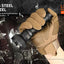 Hand wearing a tactical glove holding a flashlight with shattered glass effect, emphasizing the flashlight's strength.