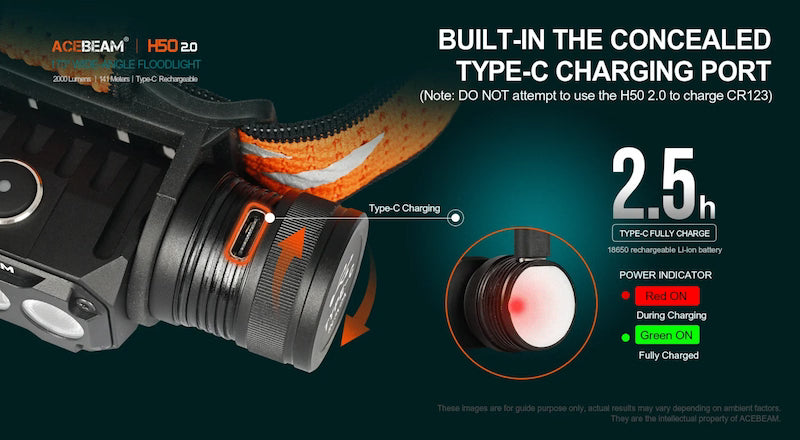 Acebeam H50 2.0 flashlight with Type-C charging port and charging indicators on a dark background