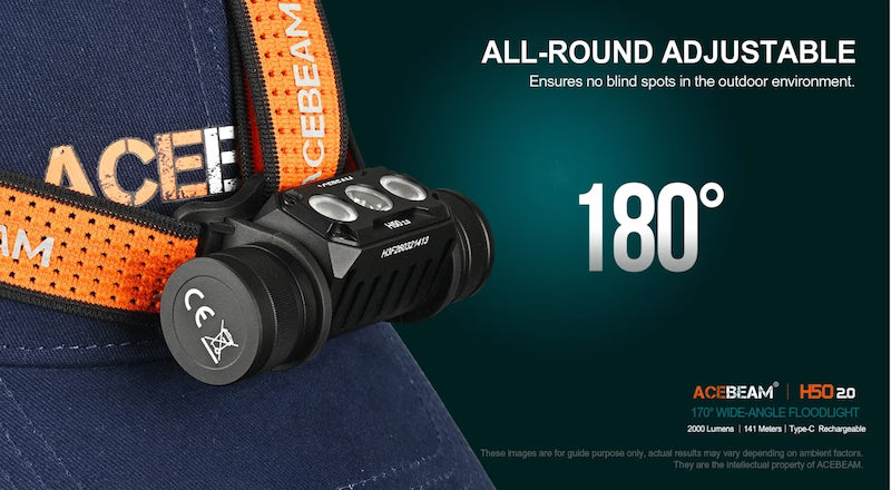 Acebeam headlight on a blue cap with text highlighting adjustable features