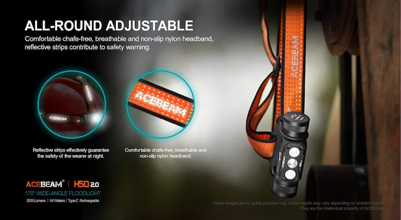 Acebeam H50 2D flashlight with adjustable headband on a dark background