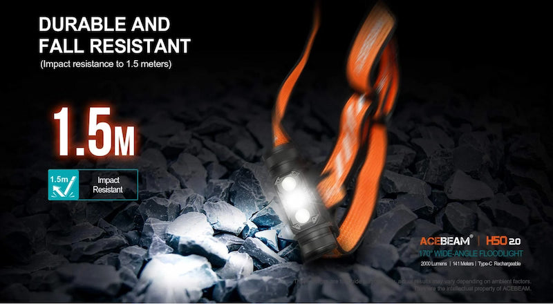 Lighting device with flames and text highlighting durability and fall resistance on a dark background