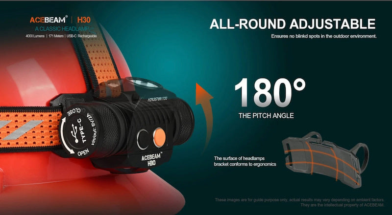 Acebeam H30 headlamp with adjustable pitch angle feature on a blue and red gradient background.