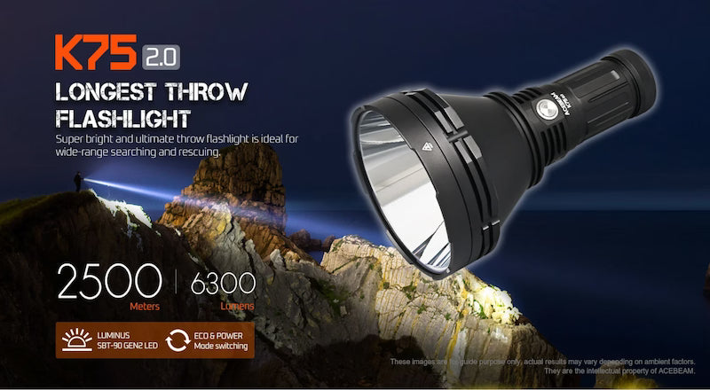 K75 2.0 flashlight with mountainous background and product details.