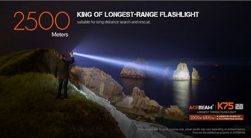 Person using a flashlight on a cliffside with scenic background, highlighting ACEBEAM K75 flashlight's range.
