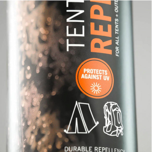 Can of tent repair spray with branding and product features.