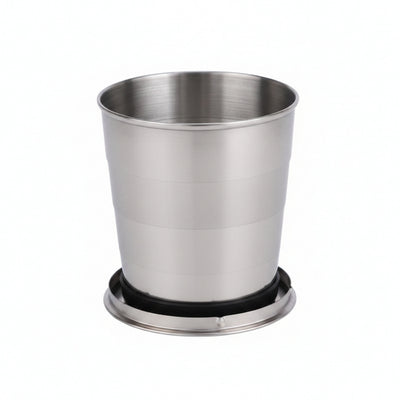 Stainless steel collapsible cup on a white background