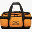 Orange duffel bag with black straps and Highlander logo on a white background