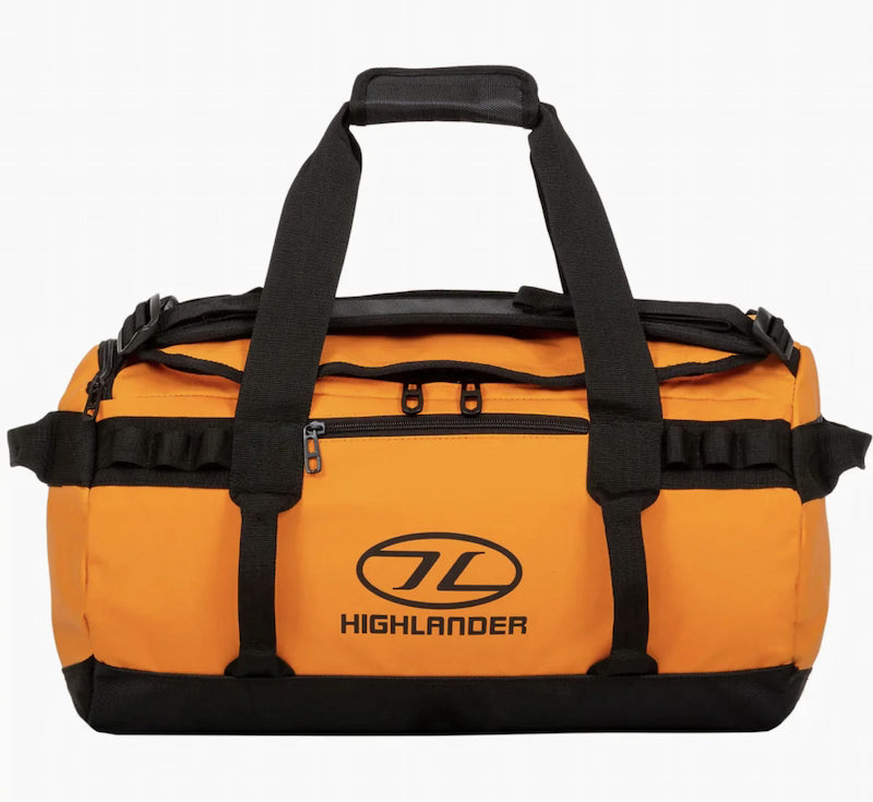 Orange duffel bag with black straps and Highlander logo on a white background
