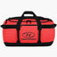 Red duffel bag with black straps and Highlander logo on a white background