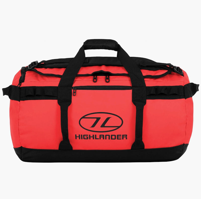 Red duffel bag with black straps and Highlander logo on a white background