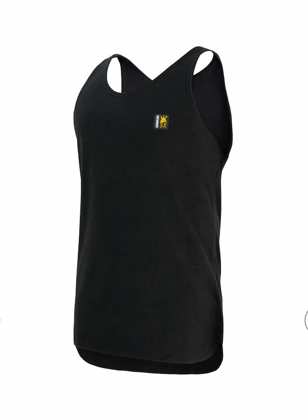 Black tank top with a small logo on a white background