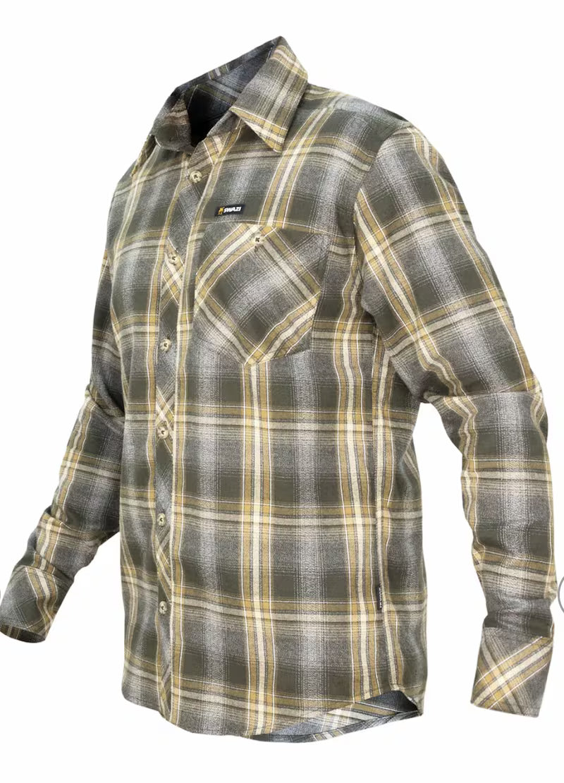 Plaid shirt with a visible brand logo on a white background