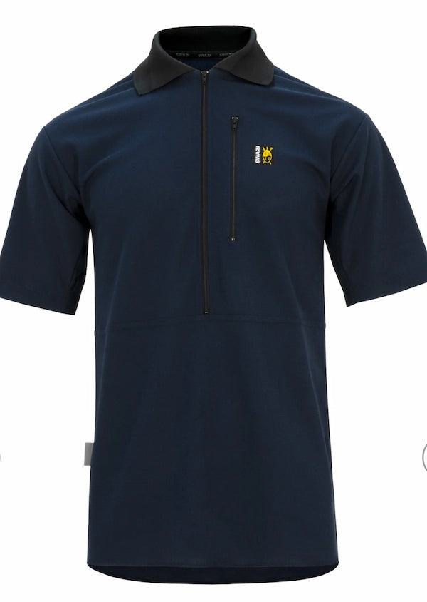 Navy blue short-sleeve shirt with a logo on a white background