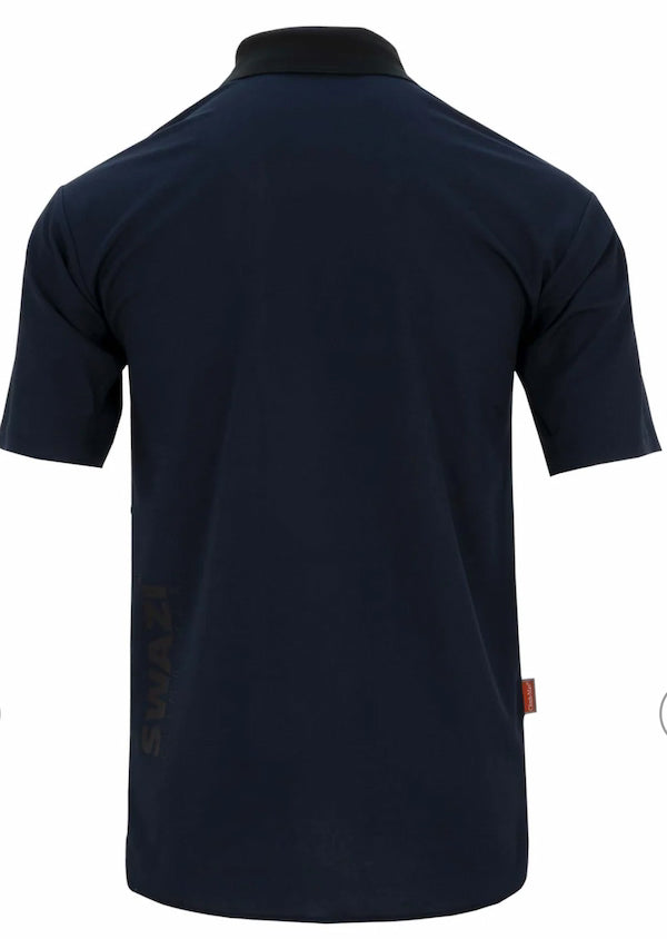 Navy blue polo shirt with a brand logo on the back, displayed against a white background.