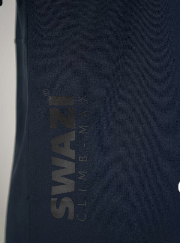 Close-up of a dark blue jacket with 'Swazli Climb Max' branding.