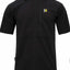 Black polo shirt with a small logo on the chest against a white background